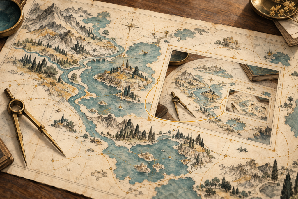 A recursive map containing smaller versions of itself and the cartographer’s tools